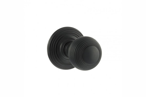 Old English Ripon Solid Brass Reeded Beehive Mortice Door Knob on Concealed Fix Rose - Matt Black - Default