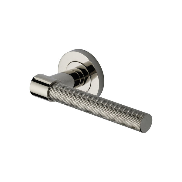 Phoenix Knurled Door Handle on Round Rose by M Marcus - Heritage Brass
