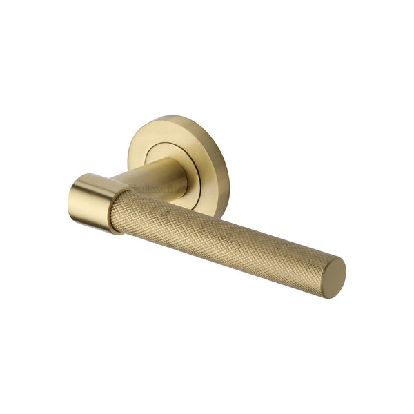 Phoenix Knurled Door Handle on Round Rose by M Marcus - Heritage Brass