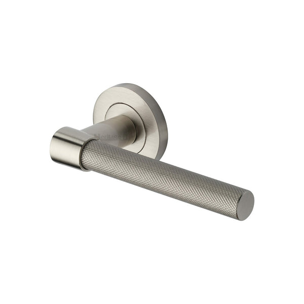 Phoenix Knurled Door Handle on Round Rose by M Marcus - Heritage Brass