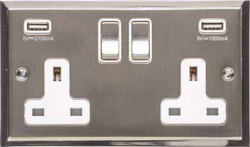 Heritage Brass Electrical, Elite Stepped Plate Range - Satin Nickel - Double USB Socket (13 Amp), Double USB Socket (13 Amp), 13 AMP Switched Sockets, Double USB Socket (13 Amp)