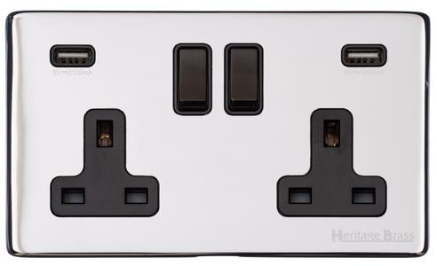 Heritage Brass Electrical, Vintage Range - Polished Chrome - Double USB Socket (13 Amp), Double USB Socket (13 Amp), 13 AMP Switched Sockets, Double USB Socket (13 Amp)