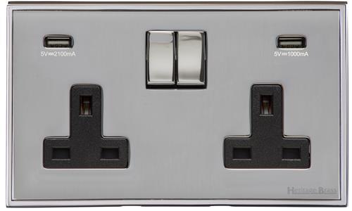 Heritage Brass Electrical, Executive Range - Polished Chrome - Double USB Socket (13 Amp), Double USB Socket (13 Amp), 13 AMP Switched Sockets, Double USB Socket (13 Amp)