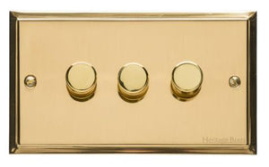 Heritage Brass Electrical, Elite Stepped Plate Range - Polished Brass - 3 Gang Dimmer (400 watts), 3 Gang Dimmer (400 watts), 2 Way Push On/Off Dimmer Switches, 3 Gang Dimmer (400 watts)