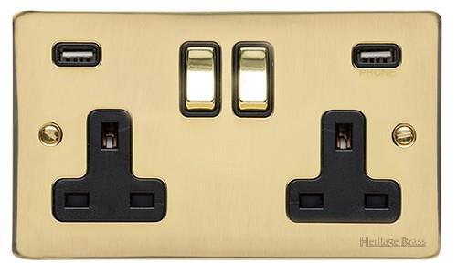 Heritage Brass Electrical, Elite Flat Plate Range - Polished Brass - Double USB Socket (13 Amp), Double USB Socket (13 Amp), 13 AMP Switched Sockets, Double USB Socket (13 Amp)