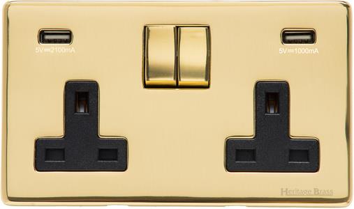 Studio Range - Polished Brass - Double USB Socket (13 Amp)