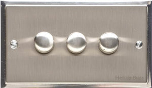 Heritage Brass Electrical, Elite Stepped Plate Range - Satin Nickel - 3 Gang Dimmer (400 watts), 3 Gang Dimmer (400 watts), 2 Way Push On/Off Dimmer Switches, 3 Gang Dimmer (400 watts)