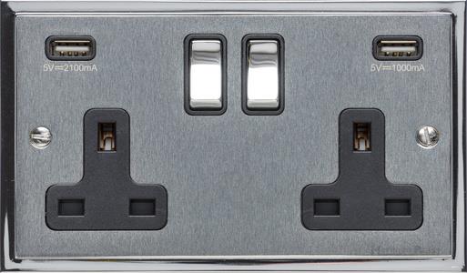 Heritage Brass Electrical, Elite Stepped Plate Range - Satin Chrome - Double USB Socket (13 Amp), Double USB Socket (13 Amp), 13 AMP Switched Sockets, Double USB Socket (13 Amp)