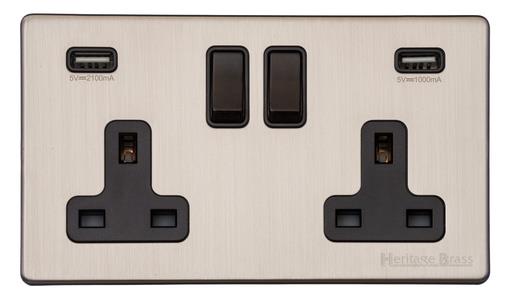 Heritage Brass Electrical, Vintage Range - Satin Nickel - Double USB Socket (13 Amp), Double USB Socket (13 Amp), 13 AMP Switched Sockets, Double USB Socket (13 Amp)