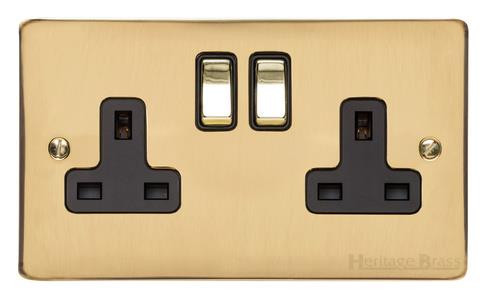 Heritage Brass Electrical, Elite Flat Plate Range - Polished Brass - Double Socket (13 Amp), Double Socket (13 Amp), 13 AMP Switched Sockets, Double Socket (13 Amp)