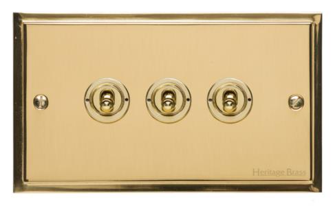 Heritage Brass Electrical, Elite Stepped Plate Range - Polished Brass - 3 Gang Dolly Switch, 3 Gang Dolly Switch, 20 Amp 2 Way Dolly Switches, 3 Gang Dolly Switch