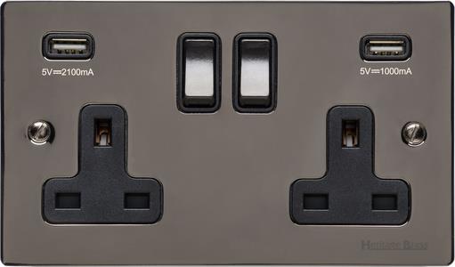 Heritage Brass Electrical, Elite Flat Plate Range - Polished Black Nickel - Double USB Socket (13 Amp), Double USB Socket (13 Amp), 13 AMP Switched Sockets, Double USB Socket (13 Amp)