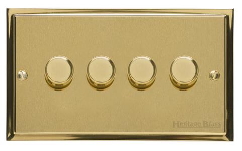 Heritage Brass Electrical, Elite Stepped Plate Range - Satin Brass - 4 Gang Dimmer (250 watts), 4 Gang Dimmer (250 watts), 2 Way Push On/Off Dimmer Switches, 4 Gang Dimmer (250 watts)