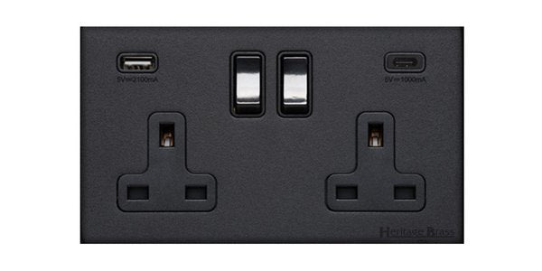 Windsor Range - Matt Black - 2G 13A Socket with USB-A+C