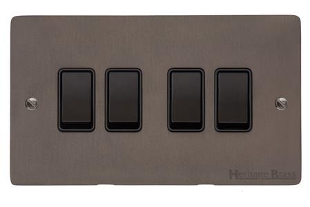 Heritage Brass Electrical, Elite Flat Plate Range - Matt Bronze - 4 Gang Switch (10 Amp), 4 Gang Switch (10 Amp), 10 Amp 2 Way Rocker Switches, 4 Gang Switch (10 Amp)