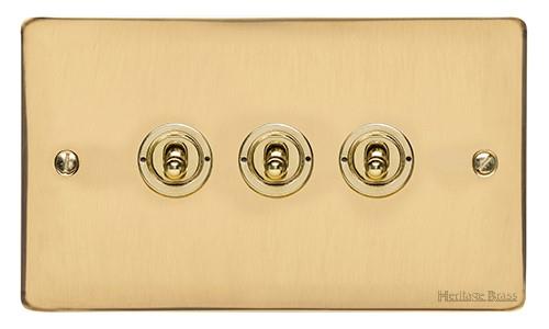 Heritage Brass Electrical, Elite Flat Plate Range - Polished Brass - 3 Gang Dolly Switch, 3 Gang Dolly Switch, 20 Amp 2 Way Dolly Switches, 3 Gang Dolly Switch