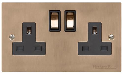 Heritage Brass Electrical, Elite Flat Plate Range - Antique Brass - Double Socket (13 Amp), Double Socket (13 Amp), 13 AMP Switched Sockets, Double Socket (13 Amp)