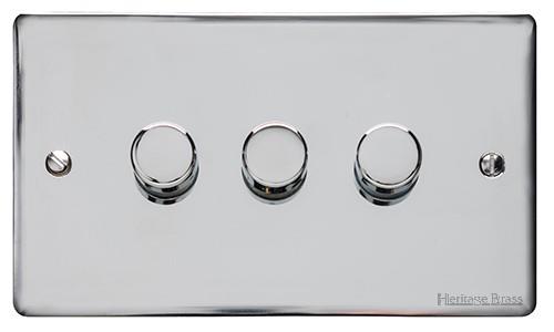 Heritage Brass Electrical, Elite Flat Plate Range - Polished Chrome - 3 Gang Dimmer (400 watts), 3 Gang Dimmer (400 watts), 2 Way Push On/Off Dimmer Switches, 3 Gang Dimmer (400 watts)