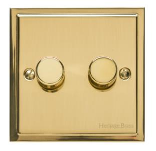 Heritage Brass Electrical, Elite Stepped Plate Range - Polished Brass - 2 Gang Dimmer (400 watts), 2 Gang Dimmer (400 watts), 2 Gang Dimmer (400 watts), 2 Way Push On/Off Dimmer Switches