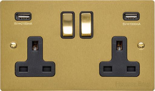 Heritage Brass Electrical, Elite Flat Plate Range - Satin Brass - Double USB Socket (13 Amp), Double USB Socket (13 Amp), 13 AMP Switched Sockets, Double USB Socket (13 Amp)