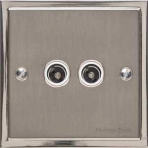 Heritage Brass Electrical, Elite Stepped Plate Range - Satin Nickel - 2 Gang TV Coaxial Socket, 2 Gang TV Coaxial Socket, 2 Gang TV Coaxial Socket, TV and Satellite Sockets