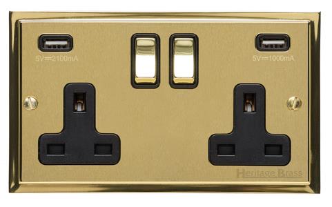 Elite Stepped Plate Range - Satin Brass - Double USB Socket (13 Amp)