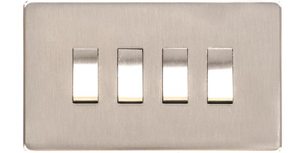 Heritage Brass Electrical, Studio Range - Satin Nickel - 4 Gang Switch (10 Amp), 4 Gang Switch (10 Amp), 10 Amp 2 Way Rocker Switches, 4 Gang Switch (10 Amp)