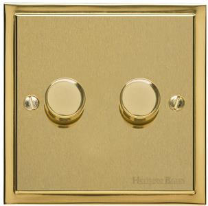 Heritage Brass Electrical, Elite Stepped Plate Range - Satin Brass - 2 Gang Trailing Edge Dimmer, 2 Gang Trailing Edge Dimmer, 2 Gang Trailing Edge Dimmer, Trailing Edge Dimmers