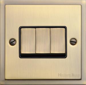 Heritage Brass Electrical, Elite Stepped Plate Range - Antique Brass - 3 Gang Switch (10 Amp), 3 Gang Switch (10 Amp), 10 Amp 2 Way Rocker Switches, 3 Gang Switch (10 Amp)