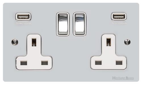 Heritage Brass Electrical, Elite Flat Plate Range - Polished Chrome - Double USB Socket (13 Amp), Double USB Socket (13 Amp), 13 AMP Switched Sockets, Double USB Socket (13 Amp)