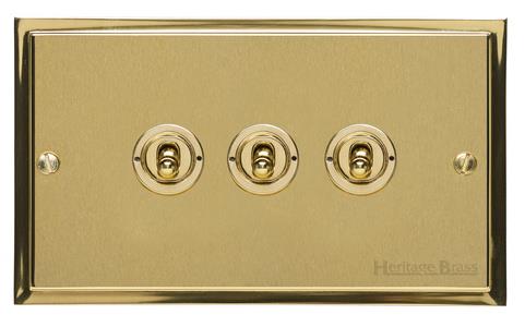 Heritage Brass Electrical, Elite Stepped Plate Range - Satin Brass - 3 Gang Dolly Switch, 3 Gang Dolly Switch, 20 Amp 2 Way Dolly Switches, 3 Gang Dolly Switch