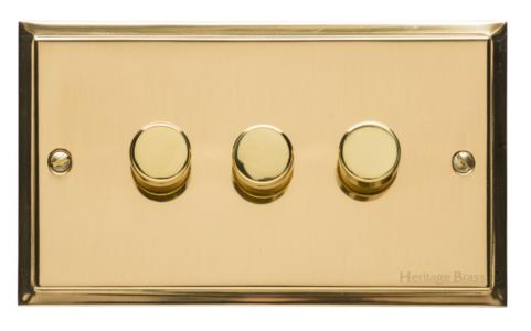 Heritage Brass Electrical, Elite Stepped Plate Range - Polished Brass - 3 Gang Dimmer (250 watts), 3 Gang Dimmer (250 watts), 2 Way Push On/Off Dimmer Switches, 3 Gang Dimmer (250 watts)