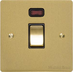 Heritage Brass Electrical, Elite Flat Plate Range - Satin Brass - 20 Amp DP Switch with Neon, 20 Amp DP Switch with Neon, 20 Amp Double Pole Switches, 20 Amp DP Switch with Neon