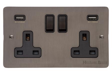 Heritage Brass Electrical, Elite Flat Plate Range - Matt Bronze - Double USB Socket (13 Amp), Double USB Socket (13 Amp), 13 AMP Switched Sockets, Double USB Socket (13 Amp)