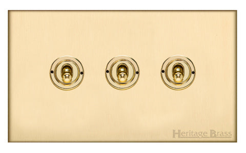 Heritage Brass Electrical, Winchester Range - Satin Brass - 3 Gang Dolly Switch, 3 Gang Dolly Switch, 3 Gang Dolly Switch, 3 Gang Toggle Switch