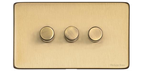 Heritage Brass Electrical, Vintage Range - Satin Brass - 3 Gang Dimmer (400 watts), 3 Gang Dimmer (400 watts), 2 Way Push On/Off Dimmer Switches, 3 Gang Dimmer (400 watts)