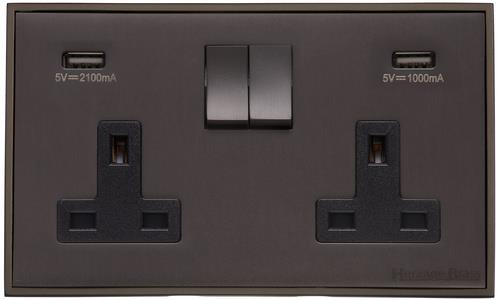 Heritage Brass Electrical, Executive Range - Matt Bronze - Double USB Socket (13 Amp), Double USB Socket (13 Amp), 13 AMP Switched Sockets, Double USB Socket (13 Amp)