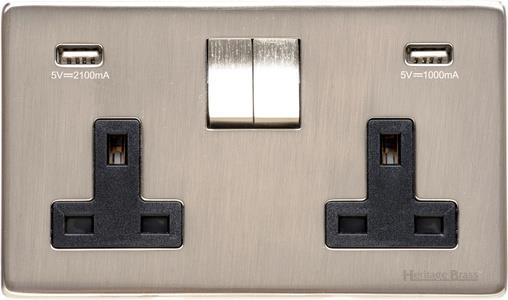 Heritage Brass Electrical, Studio Range - Satin Nickel - Double USB Socket (13 Amp), Double USB Socket (13 Amp), 13 AMP Switched Sockets, Double USB Socket (13 Amp)