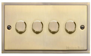 Heritage Brass Electrical, Elite Stepped Plate Range - Antique Brass - 4 Gang Dimmer (400 watts), 4 Gang Dimmer (400 watts), 2 Way Push On/Off Dimmer Switches, 4 Gang Dimmer (400 watts)