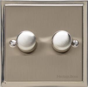 Heritage Brass Electrical, Elite Stepped Plate Range - Satin Nickel - 2 Gang Dimmer (250 watts), 2 Gang Dimmer (250 watts), 2 Gang Dimmer (250 watts), 2 Way Push On/Off Dimmer Switches