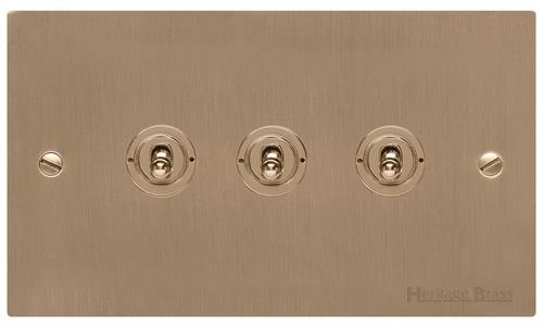 Heritage Brass Electrical, Elite Flat Plate Range - Antique Brass - 3 Gang Dolly Switch, 3 Gang Dolly Switch, 20 Amp 2 Way Dolly Switches, 3 Gang Dolly Switch