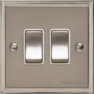 Heritage Brass Electrical, Elite Stepped Plate Range - Satin Nickel - 2 Gang Switch (10 Amp), 2 Gang Switch (10 Amp), 10 Amp 2 Way Rocker Switches, 2 Gang Rocker Switch (10 Amp), 2 Gang Switch (10 Amp)