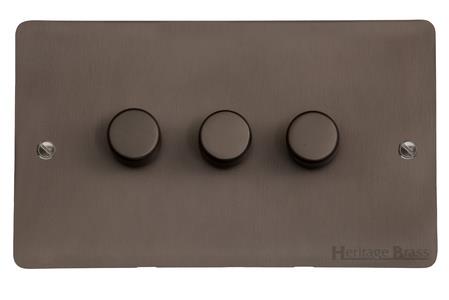 Heritage Brass Electrical, Elite Flat Plate Range - Matt Bronze - 3 Gang Dimmer (250 watts), 3 Gang Dimmer (250 watts), 2 Way Push On/Off Dimmer Switches, 3 Gang Dimmer (250 watts)