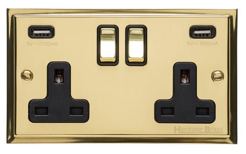 Elite Stepped Plate Range - Polished Brass - Double USB Socket (13 Amp)